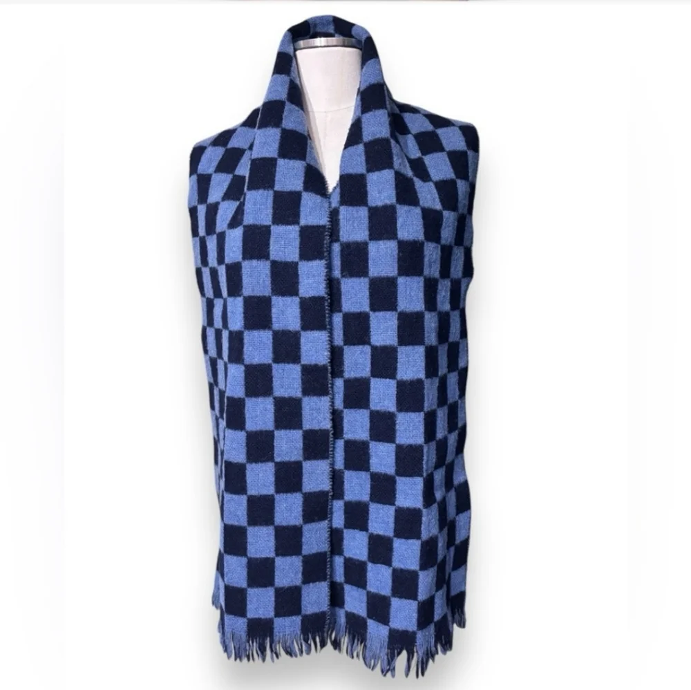 HANDCRAFT INC 100% Shetland Wool Long Scarf Tassels Blue Checkerboard Pattern